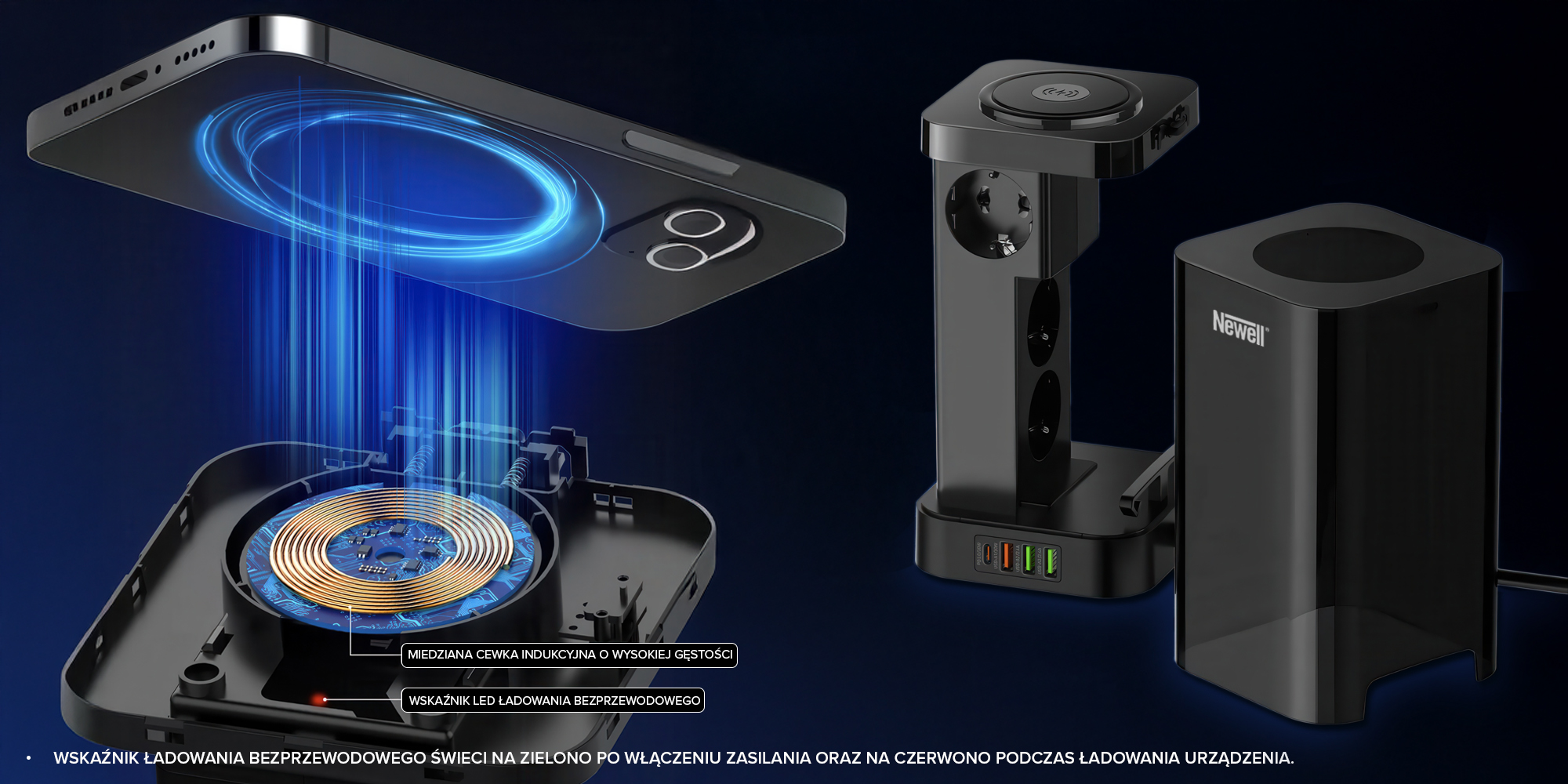 Stacja zasilająca Newell GaN Power Cube 8w1 z ładowarką indukcyjną